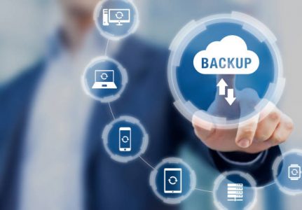 Backup files and data on internet with cloud storage technology that sync all online devices and computers with network connection, protection against loss, business person touch screen icon concept