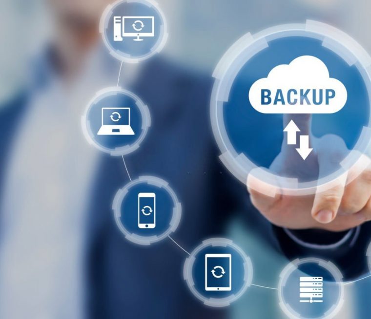 Backup files and data on internet with cloud storage technology that sync all online devices and computers with network connection, protection against loss, business person touch screen icon concept